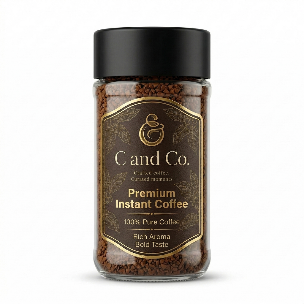 Jar of C and Co. Premium Instant Coffee on a white background